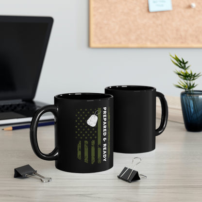 Preparado y listo - Taza negra de 11 oz